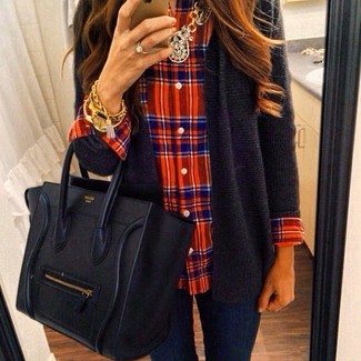 Women's Charcoal Open Cardigan, Red and Navy Plaid Dress Shirt, Navy Skinny Jeans, Black Leather Satchel Bag