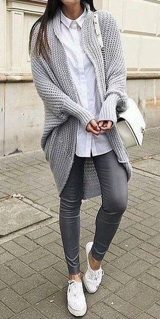 Women's Grey Knit Open Cardigan, White Dress Shirt, Grey Leather Skinny Pants, White Leather Low Top Sneakers