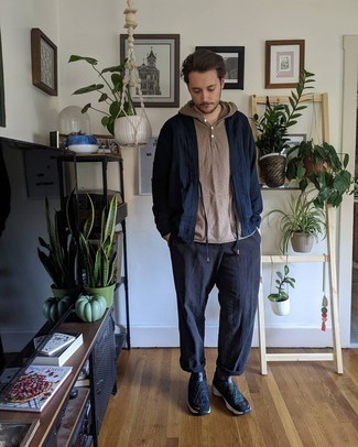 Men's Navy Open Cardigan, Brown Hoodie, Navy Chinos, Black and White Athletic Shoes