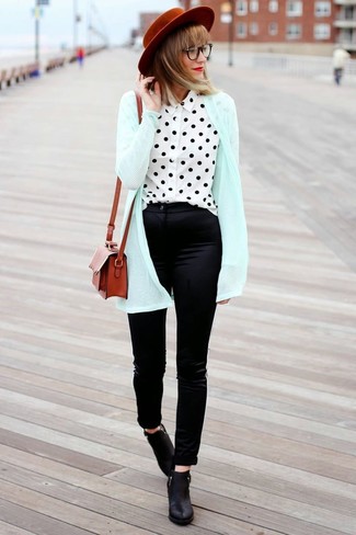 Women's Mint Open Cardigan, White and Black Polka Dot Long Sleeve Blouse, Black Silk Skinny Pants, Black Leather Ankle Boots