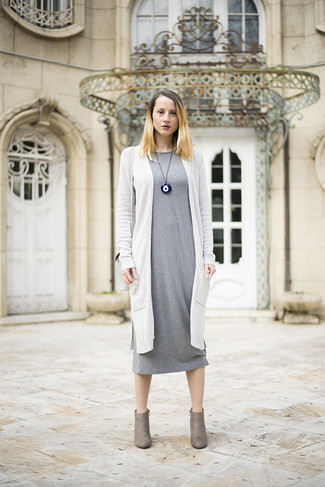 Women's White Open Cardigan, Grey Midi Dress, Grey Suede Ankle Boots, Grey Leather Satchel Bag