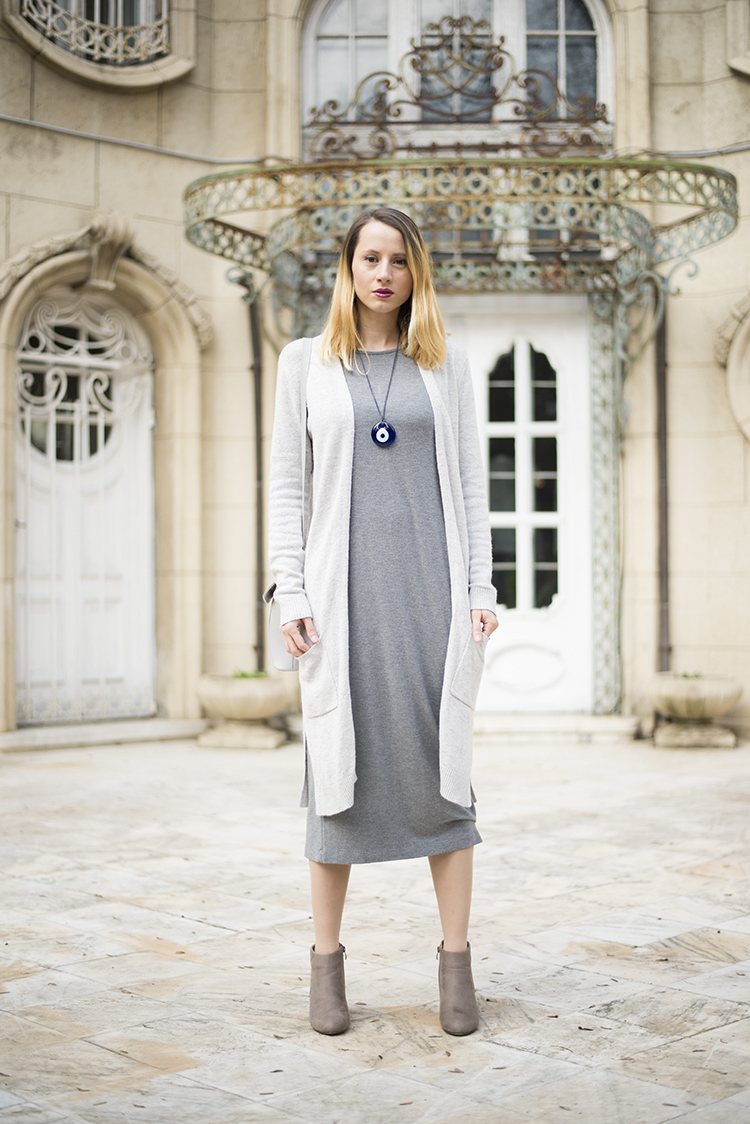 grey midi dress outfit