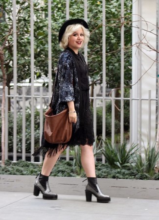 Black Lace Shirtdress Outfits: For something on the casual and cool side, consider teaming a black lace shirtdress with a charcoal print open cardigan. Black chunky leather ankle boots will bring an added dose of style to an otherwise mostly dressed-down ensemble.