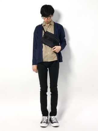 Men's Navy Open Cardigan, Tan Short Sleeve Shirt, Black Chinos, Black and White Canvas Low Top Sneakers