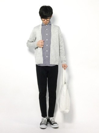 Men's Grey Open Cardigan, Navy and White Gingham Short Sleeve Shirt, Black Chinos, Black and White Canvas Low Top Sneakers