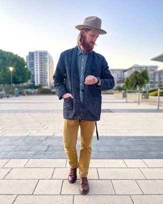 Men's Navy Open Cardigan, Light Blue Chambray Short Sleeve Shirt, Tobacco Chinos, Dark Brown Leather Casual Boots