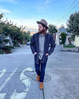 Grey Wool Hat Outfits For Men: If you're searching for a city casual but also seriously stylish outfit, pair a navy open cardigan with a grey wool hat. Finishing with brown leather chelsea boots is a fail-safe way to bring some extra definition to your look.