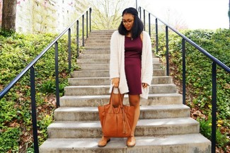 Burgundy Skater Dress Outfits: The combo of a burgundy skater dress and a beige fluffy open cardigan makes for a solid relaxed casual ensemble. Add an added dose of chic to this look by sporting a pair of tobacco leather oxford shoes.