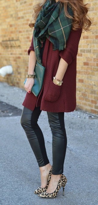 Tan Leopard Suede Pumps Outfits: The ultimate choice for a cool relaxed ensemble? A burgundy open cardigan with black leather skinny pants. If you feel like stepping it up a bit, add a pair of tan leopard suede pumps to the equation.
