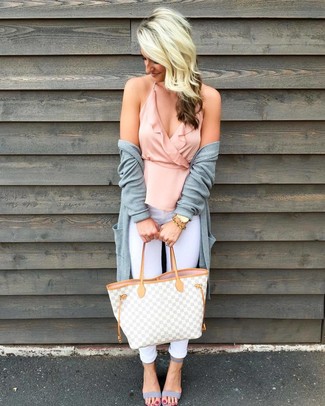 Women's Grey Open Cardigan, Pink Ruffle Sleeveless Top, White Skinny Jeans, Grey Leather Heeled Sandals