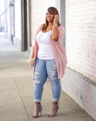 Women's Pink Open Cardigan, White Tank, Light Blue Ripped Skinny Jeans, Pink Cutout Suede Ankle Boots