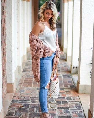 Women's Pink Knit Open Cardigan, White Satin Tank, Blue Ripped Skinny Jeans, Beige Suede Heeled Sandals