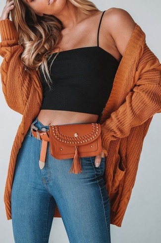 500+ Casual Outfits For Women: A tobacco knit open cardigan and blue skinny jeans are a nice pairing worth incorporating into your daily routine.