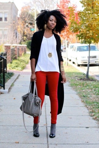 Women's Black Open Cardigan, White Tank, Red Skinny Jeans, Grey Leather Ankle Boots