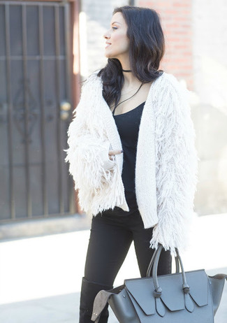 Women's White Fluffy Open Cardigan, Black Tank, Black Skinny Pants, Black Suede Over The Knee Boots
