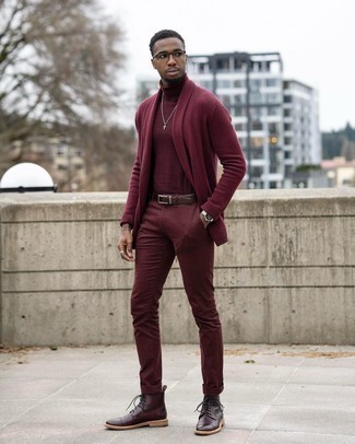 Open Cardigan Outfits For Men: Why not team an open cardigan with burgundy chinos? Both items are very comfortable and will look cool matched together. A trendy pair of burgundy leather casual boots is an effortless way to power up this ensemble.