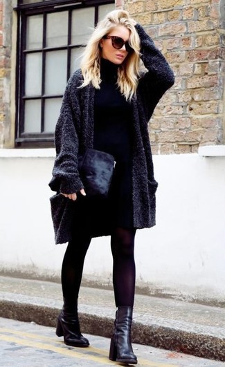 Charcoal Open Cardigan Outfits For Women: A charcoal open cardigan and a black mini skirt? This is easily a wearable outfit that you could wear a variation of on a daily basis. Black leather mid-calf boots will add an instant sultry vibe to this look.
