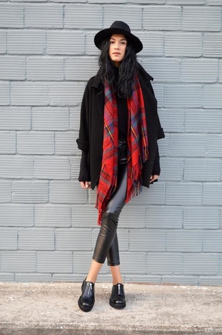 Red and Navy Plaid Scarf Outfits For Women: For an ensemble that's super straightforward but can be styled in a variety of different ways, try pairing a black knit open cardigan with a red and navy plaid scarf. For a smarter twist, add a pair of black leather loafers to the equation.