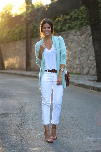 Women's Mint Open Cardigan, White V-neck T-shirt, White Chinos, Tan Leather Heeled Sandals
