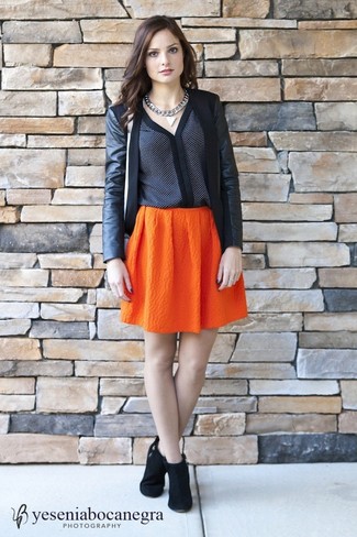 Women's Black Leather Open Jacket, Black and White Polka Dot Long Sleeve Blouse, Orange Pleated Mini Skirt, Black Suede Ankle Boots