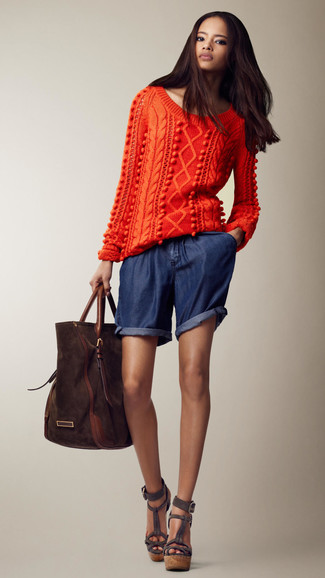 Dark Brown Suede Tote Bag Outfits: We love how an orange cable sweater partners with a dark brown suede tote bag. Introduce a pair of charcoal suede wedge sandals to the equation to instantly change up the ensemble.