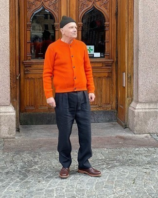 Orange Cardigan Outfits For Men: If you'd like take your casual game to a new height, wear an orange cardigan and black chinos. Introduce a pair of dark brown leather casual boots to the mix and the whole outfit will come together wonderfully.