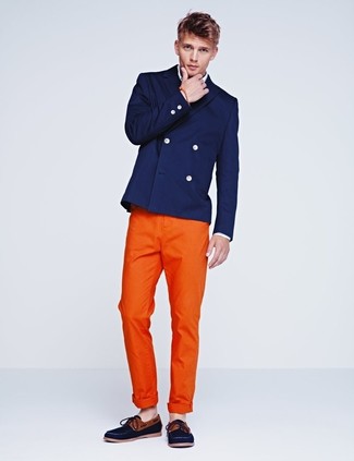 Men's Navy Canvas Boat Shoes, Orange Chinos, White Long Sleeve Shirt, Navy Double Breasted Blazer