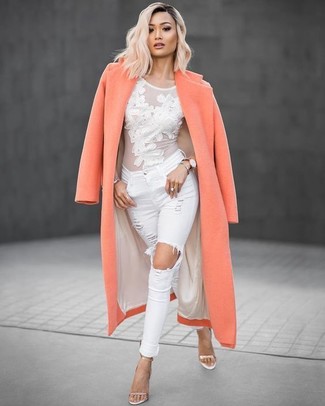 Gold Leather Heeled Sandals Outfits: Consider wearing an orange coat and white ripped skinny jeans if you wish to look casually edgy without too much work. For a trendy mix, add a pair of gold leather heeled sandals to the mix.
