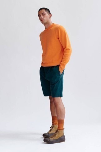 Men's Orange Crew-neck Sweater, Teal Shorts, Tan Canvas High Top Sneakers, Orange Socks