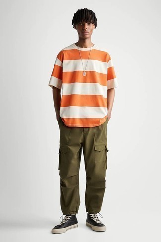 Olive Cargo Pants Hot Weather Outfits: This pairing of an orange horizontal striped crew-neck t-shirt and olive cargo pants is proof that a safe casual look can still look truly stylish. A pair of black leather high top sneakers can integrate wonderfully within a great deal of combinations.