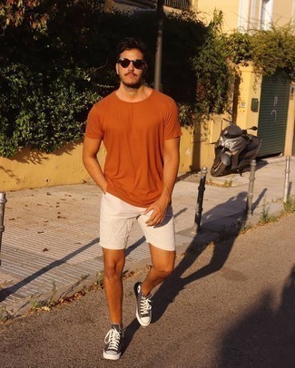 Men's Orange Crew-neck T-shirt, White Shorts, Dark Brown Canvas High Top Sneakers, Dark Brown Sunglasses