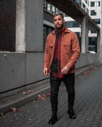 Orange Denim Shirt Outfits For Men: If you would like take your casual game up a notch, consider teaming an orange denim shirt with black chinos. Add black leather casual boots to the mix to effortlessly ramp up the classy factor of any getup.