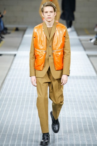 Men's Orange Gilet, Tan Suit, Tan Crew-neck Sweater, Black Leather Casual Boots