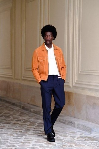 Orange Harrington Jacket Outfits: Beyond dapper, this relaxed combo of an orange harrington jacket and navy chinos provides with excellent styling opportunities. To add some extra fanciness to your getup, complete this outfit with a pair of black leather derby shoes.
