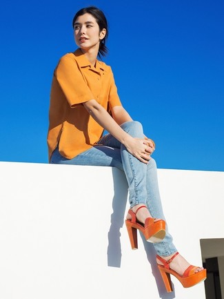 Orange Heeled Sandals with Skinny Jeans Outfits: 