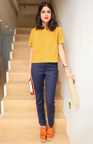 Women's Orange Leather Tassel Pumps, Navy Dress Pants, Yellow Short Sleeve Sweater