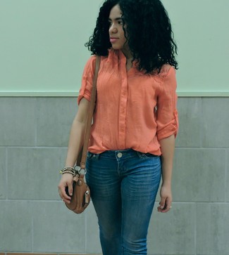 Tobacco Leather Crossbody Bag Outfits: An orange lightweight button down blouse and a tobacco leather crossbody bag are a nice go-to combination to have in your casual arsenal.