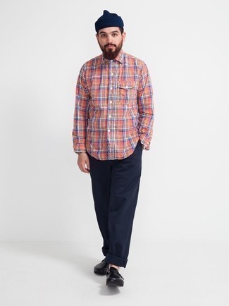Men's Orange Plaid Long Sleeve Shirt, Navy Chinos, Black Leather Loafers, Navy Beanie