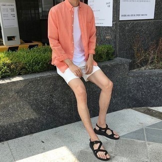 Black Canvas Sandals Outfits For Men: Why not pair an orange linen long sleeve shirt with white shorts? Both of these pieces are totally practical and look amazing worn together. A pair of black canvas sandals will add edginess to your ensemble.