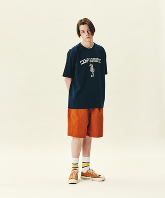 Men's White Horizontal Striped Socks, Orange Canvas Low Top Sneakers, Orange Shorts, Navy and White Print Crew-neck T-shirt