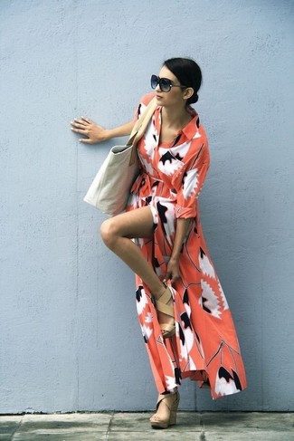 Women's Orange Print Maxi Dress, Tan Leather Wedge Sandals, Beige Canvas Tote Bag, Black Sunglasses