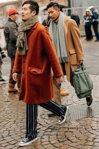Beige Horizontal Striped Scarf Outfits For Men: An orange overcoat and a beige horizontal striped scarf are a nice combo to have in your current fashion mix. Throw black and white canvas low top sneakers into the mix and ta-da: this look is complete.