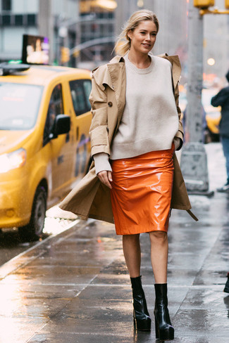 Women's Black Leather Ankle Boots, Orange Leather Pencil Skirt, White Crew-neck Sweater, Tan Trenchcoat