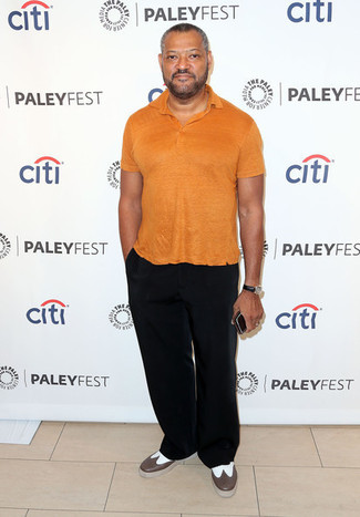 Laurence Fishburne wearing Orange Polo, Black Chinos, Brown Leather Brogues, Black Leather Watch