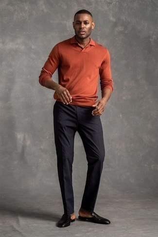 Orange Polo Neck Sweater Outfits For Men: An orange polo neck sweater and navy chinos are worth adding to your list of must-have menswear styles. Black leather loafers are guaranteed to give a dose of class to your ensemble.
