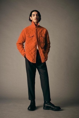 Orange Quilted Shirt Jacket Outfits For Men: This combo of an orange quilted shirt jacket and dark green chinos is on the casual side but is also stylish and incredibly dapper. Rounding off with black leather brogue boots is a fail-safe way to introduce a little zing to this ensemble.