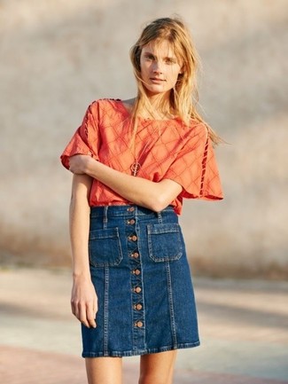 Navy Denim Button Skirt Outfits: An orange short sleeve blouse and a navy denim button skirt are the kind of a no-brainer off-duty combo that you so awfully need when you have no extra time to dress up.