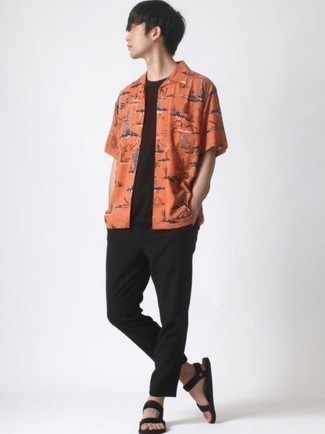 Men's Orange Print Short Sleeve Shirt, Black Crew-neck T-shirt, Black Chinos, Black Canvas Sandals