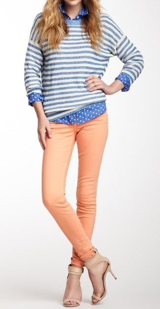 Women's Tan Leather Heeled Sandals, Orange Skinny Jeans, Blue Polka Dot Dress Shirt, White and Blue Horizontal Striped Crew-neck Sweater