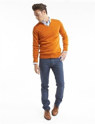 Pima Cotton V Neck Sweater L Orange